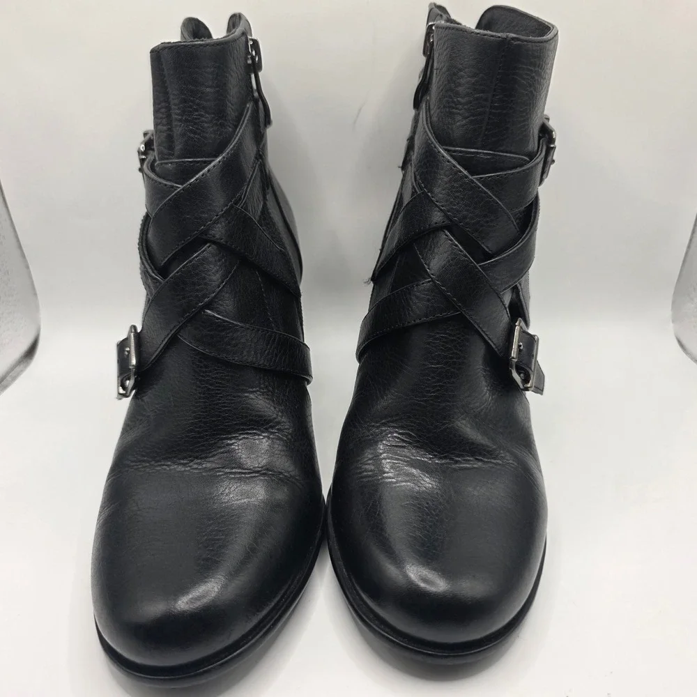 Nurture Womens Black Leather‎ Strappy Buckle Ankle Boots Block Heel Size 8.5M